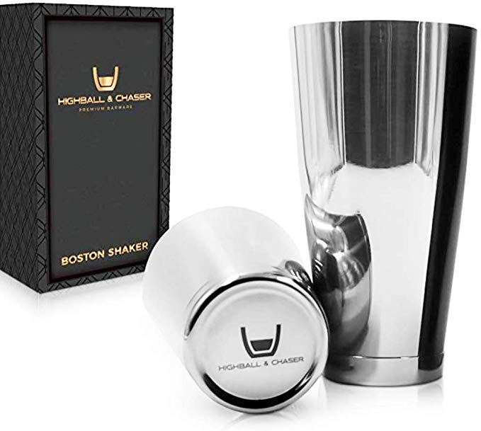 Highball & Chaser Cocktail Shaker Set, Pro-Style Boston Shaker with Cocktail Recipe E-Book. 304 Stainless Steel with Mirror Finish, 28oz/18oz Weighted Bottom Drink Maker Tins,