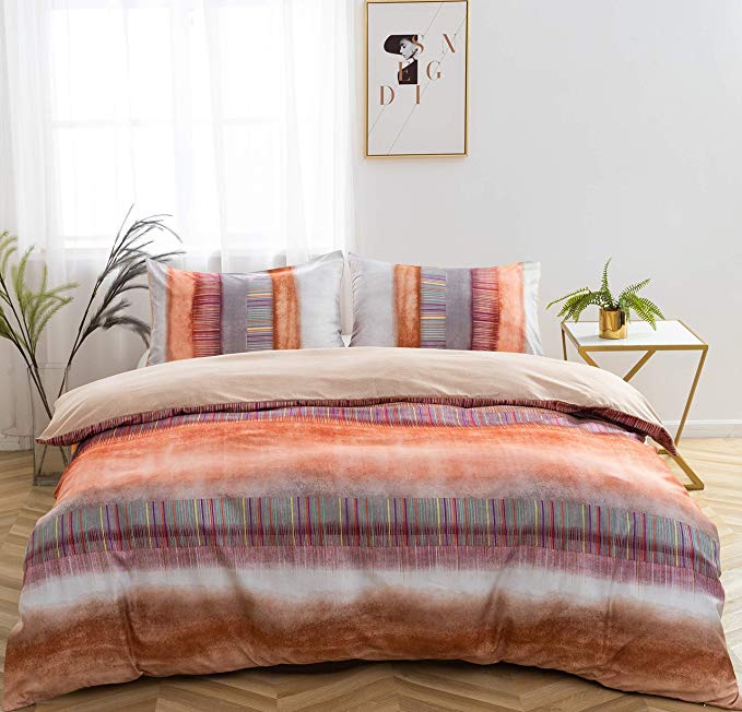 AYSW Printed 3 PCS Duvet Cover Set Double Brushed Microfiber Bedding Duvet Cover with 2 Pillowcases (Orange and gray stripes)