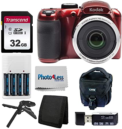 Kodak PIXPRO AZ252 Astro Zoom 16MP Digital Camera (Red)   Point & Shoot Camera Case   Transcend 32GB SD Memory Card   Rechargeable Batteries & Charger   USB Card Reader   Table Tripod   Accessories