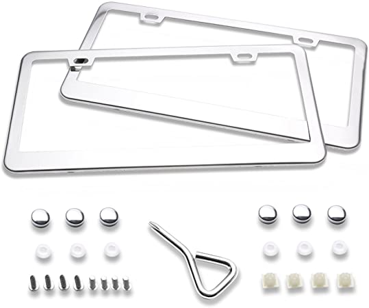 Ohuhu License Plate Frame, 2 Pcs Stainless Steel Polish Mirror Slim License Plate Frames with Chrome Screw Caps - 2 Holes Car License Plate Covers For US Vehicles