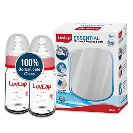 LuvLap Essential Slim Neck Glass Feeding Bottle, 125ml, 3m  / Infants/Toddler Upto 3 Years, Made of Borosilicate Glass, BPA Free, Ergonomic Shape is Easy to Hold, with Anti Colic Nipple, Pack of 2