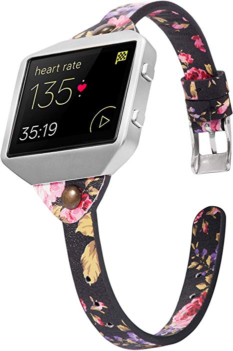 Wearlizer Compatible for with Fitbit Blaze Band Leather New Metal Frame Classic Genuine Leather Wristband Strap Accessory Fit bit Blaze T Type Floral (Floral)