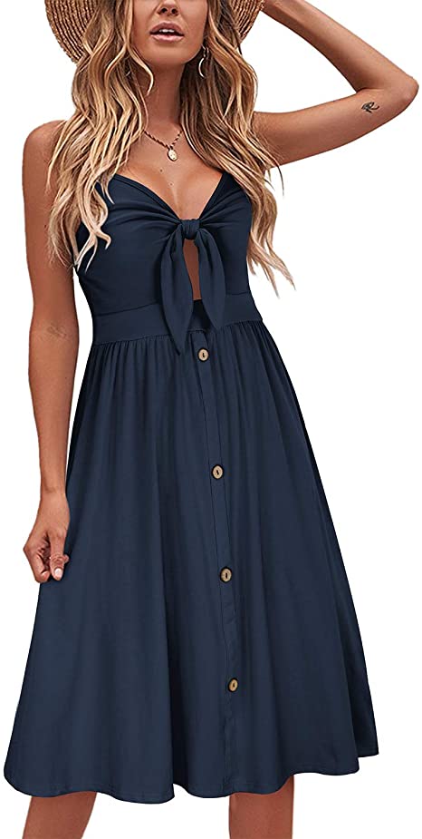 VOTEPRETTY Womens Summer Floral Sundress V Neck Tie Front Spaghetti Strap Dresses with Pockets