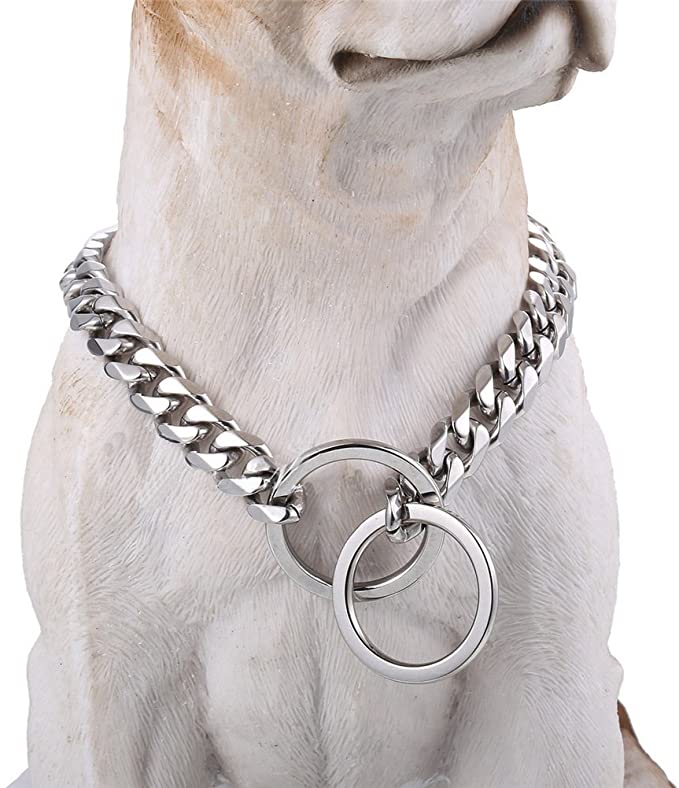 Loveshine Chain Dog Collar High Polished Silver Cuban Link Dog Chain Choke Collar Metal Stainless Steel Heavy Duty Slip Dog Collars for Medium Dogs(15MM, 18")