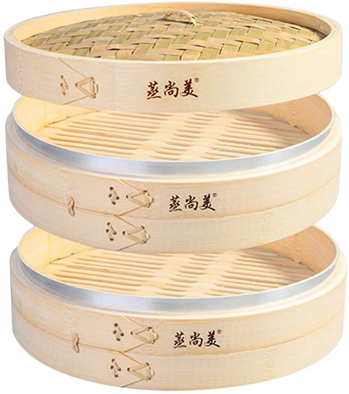 Hcooker 2 Tier Kitchen Bamboo Steamer with Stainless Steel Banding for Asian Cooking Buns Dumplings Vegetables Fish Rice