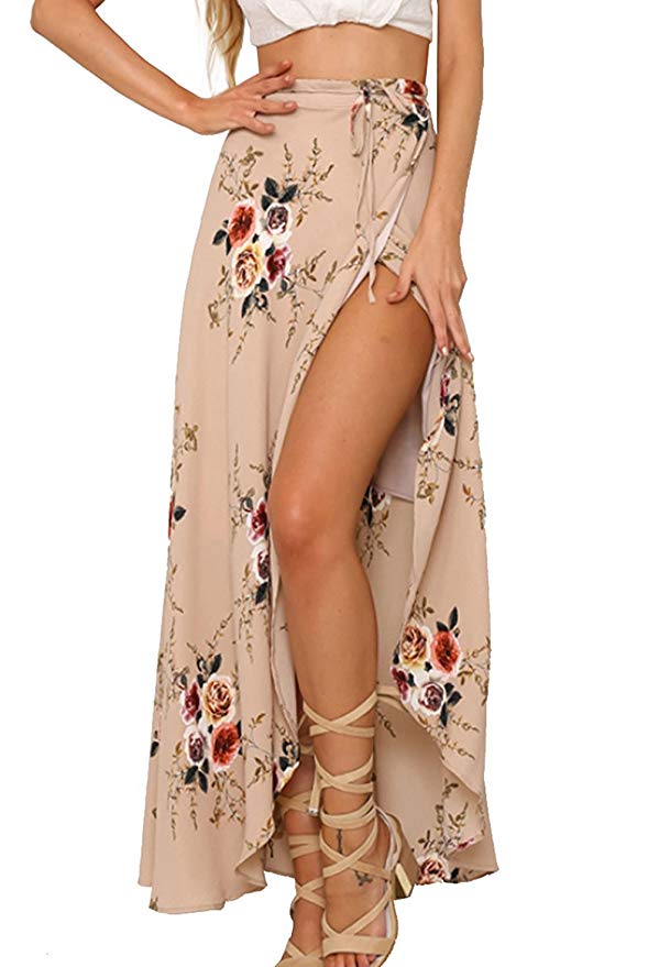 Yonala Womens Boho Floral Tie Up Waist Summer Beach Wrap Cover Up Maxi Skirt
