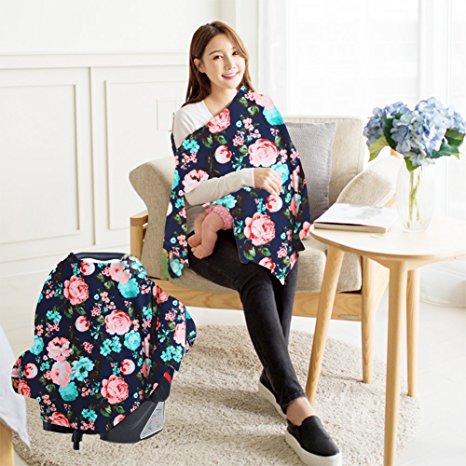Nursing Breastfeeding Cover.Fashion Infinity Nursing Scarf Best Breathable Privacy Cover for Mom Baby.Multi Use-Car Seat Canopy, Shopping Cart, High Chair, Stroller and Carseat.(Navy Floral Print)
