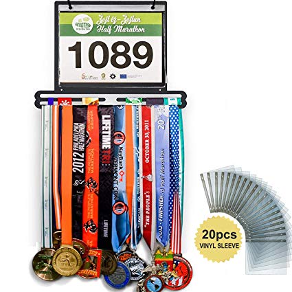 Jolitac Sports Medal Awards Display Rack Wall Mounted Marathon Medals Hanger Holder for 60  Medals 100 Runner Race Bibs 20 Bibs Flip Vinyl Sleeves