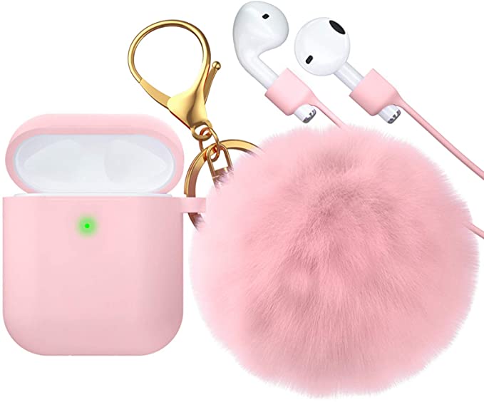 CTYBB for Airpod Case,Silicone Airpods Case Cover with Fur Ball Keychain Compatible with Apple Airpods 2/1 (Front LED Visible) Bright Pink