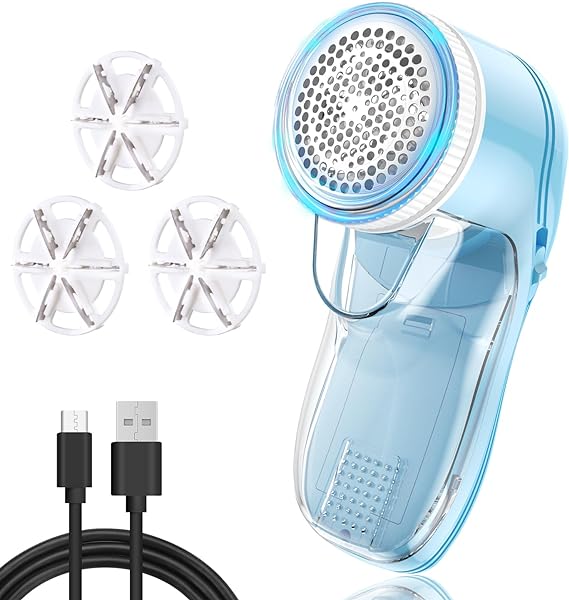 Fabric Shaver Lint Shaver, Lint Remover for Clothes, Electric Lint Remover Rechargeable Sweater Defuzzer Pill Remover with 3 Replaceable Blades, Suitable for Clothes, Jumpers, Furniture, Wool, Blue