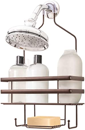 Gorilla Grip Original Hanging Bathroom Wire Shower Caddy, Two Tier, Rust Resistant Premium Hanger Design with Suction Cups, Hooks, Bath Room Caddies Hang on Showers Head, Shower Organizer, Bronze