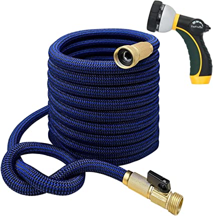 TheFitLife Flexible Expandable Garden Hose - Triple Latex Core with 3/4 Inch Solid Brass Fittings and 8 Function Spray Nozzle, Portable and Kink Free Water Hose (50 FT, BlackBlue)
