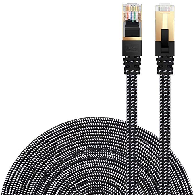 Cat 7 Ethernet Cable, DanYee 15FT Nylon Braided CAT7 High Speed Professional Gold Plated Plug STP Wires CAT 7 RJ45 Ethernet Cable 1.6FT 3FT 6FT 10FT 15FT 25FT 33FT 50FT 65FT 100FT (Black 15FT)