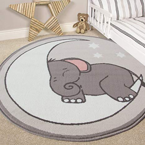 The Rug House Nursery Style Elephant, Moon and Stars Kids Baby Room Childrens Floor Area Rug Mat