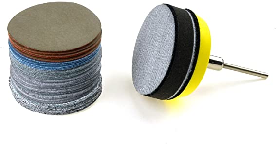 2 inches Multiple Grits Aluminum Oxide White Dry & Wet/Dry Hook and Loop Sanding Discs with a 1/8 inch Shank Backing Pad   Soft Foam Buffering Pad, 5-pieces Each of 60, 240, 600, 1000, 5000, and 10000 Grits