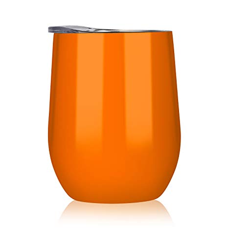 DOKIO 12 Ounce Orange Wine Cup Stemless Stainless Steel Double Wall Vacuum Insulated With Crystal Clear Lid Great For Ice And Hot Drink Mug Coffee Bridesmaid Cup