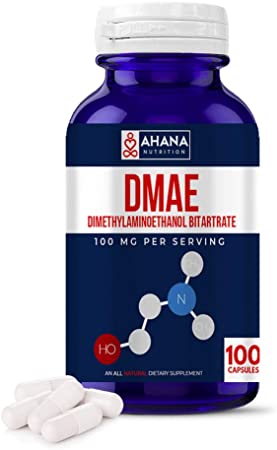 DMAE, Dimethylaminoethanol Bitartrate Capsules by Ahana Nutrition - Pure DMAE Supplement to Support Concentration & Mental Clarity (100mg – 100 Easy to Swallow Pills)