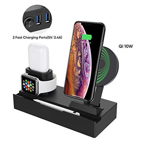 HB HOMEBOAT 8-in-1 Wireless Charging Stand with 2 USB Ports(with 2 Cables), Charging Dock Pad Compatible with iWatch Series 5/4/3/2/1, AirPods, iPad and iPhone Xs/Xs Max/XR/X/8/8Plus(Black)
