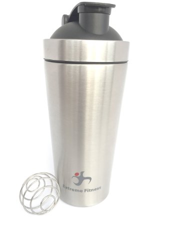 Extreme Fitness Stainless Steel Protein Shaker with Metal Ball Whisk and Built in Agitator (30oz)