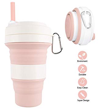 Collapsible Coffee Cup Foldable Silicone Travel Cup - Idealife 19oz Reusable Portable Folding Cup with Lid and Hook for Travel Running, 3 Adjustable Capacities (Pink)