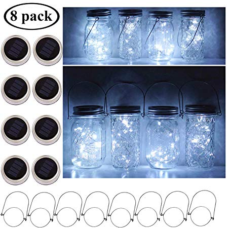 Cynzia Solar Mason Jar Lights, 8 Pack 10 LED Waterproof Fairy Star Firefly String Lights with 8 Hangers (Jar Not Included), for Mason Jar Garden Wedding Christmas Party Decor (Cold White)