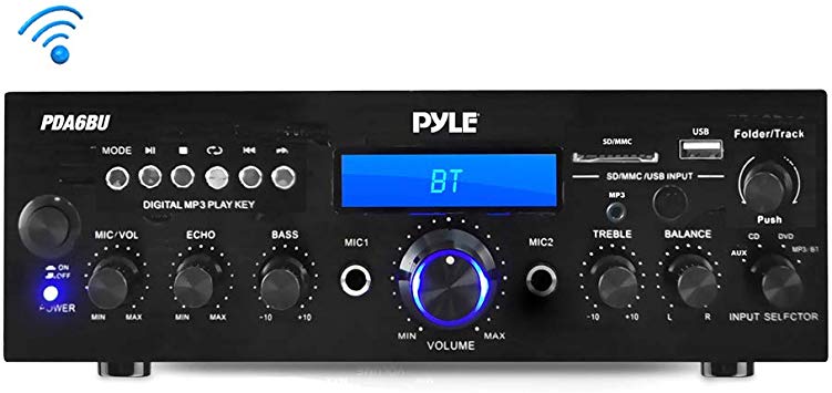 Compact Bluetooth Stereo Amplifier - Desktop Audio Power Amp Receiver with FM Radio, MP3/USB/SD Readers, Digital LCD Display, Microphone Input (200 Watt)