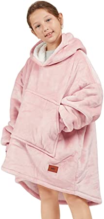 Degrees of Comfort Wearable Blanket Hoodie for Kids Girls, Snuggie Sherpa Hooded Blankets Sweatshirt with Pockets, One Size Fits All, Pink, 30x28 Inch