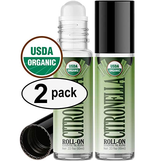 Organic Citronella Roll On Essential Oil RollerBall (2 PACK - USDA CERTIFIED ORGANIC) Pre-diluted with Glass Roller Ball for Aromatherapy, Kids, Children, Adults Topical Skin Application - 10ml Bottle