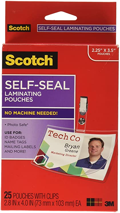 Scotch Self-Sealing Laminating Pouches, ID Protectors Includes Clips, 2.25 Inches x 3.5 Inches, 25 Pouches (LS852G)
