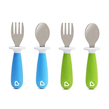 Munchkin 4 Piece Raise Toddler Fork and Spoon, Blue/Green, 12