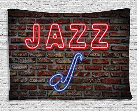 Ambesonne Music Tapestry, Image of Alluring Neon All Jazz Sign with Saxophone Instrument on Brick Wall Print, Wall Hanging for Bedroom Living Room Dorm, 80 W X 60 L Inches, Red Blue