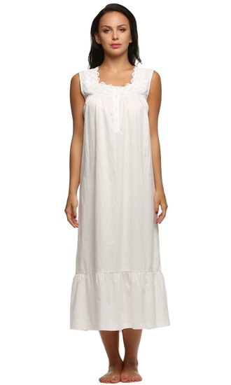 Ekouaer Womens Nightgown 100% Cotton Victorian Long Sleeveless Sleepwear S-XL