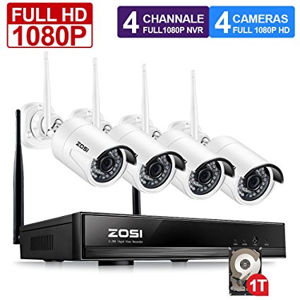 ZOSI FULL 1080P HD Wi-Fi Wireless Security Camera System 4CH 1080P HDMI NVR With 1TB Hard Drive and (4) HD 2.0MP 1080P Indoor/Outdoor IP Cameras,100ft Night Vision,Customizable Motion Detection