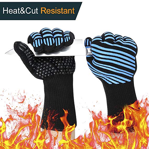 932°F Extreme Heat Resistant BBQ Gloves, Flexible Kitchen Oven Mitts - FDA Food Grade L5 Cut Resistant Gloves, Silicone Non-slip Cooking Gloves for Grilling, Baking, Cutting - Black & Blue (1 Pair)