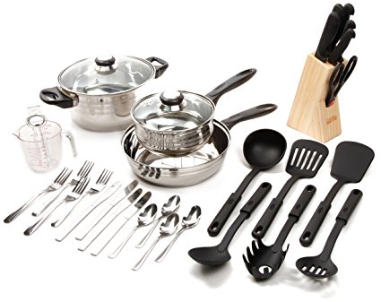 Gibson Lybra Cookware Combo Set, 32-Piece, Mirror Polished Stainless Steel