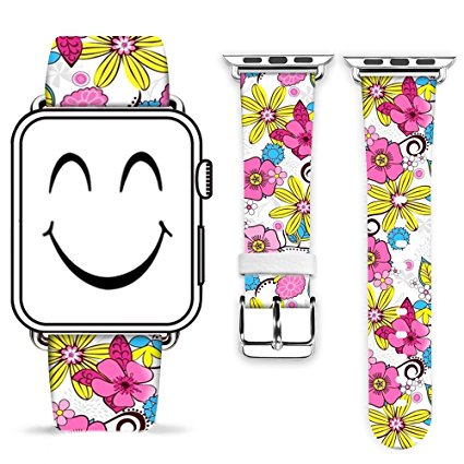 Apple Watch Band 38mm W Metal Clasp,Genuine Leather Strap Wrist Band Replacement Metal Clasp for iWatch - Colorful Vivid Flowers Pattern