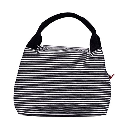 Canvas Stripe Fashion Lunch Tote Bag Lunch Bag Grocery Bags with Zipper (Black)