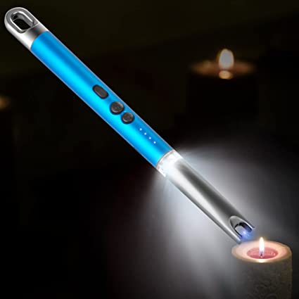 USB Rechargeable Candle Lighter, Upgraded Electric Lighter, Long Lighter with LED Flashlight &Safe Lock, Windproof Flameless, Plasma Arc Lighter for Candle Grill Camping Home-Blue