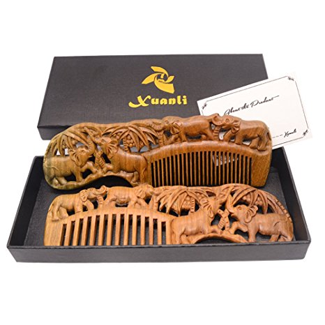 Xuanli 2pcs Natural SandalWood Comb Hair Care Anti Static Wooden Hair Massage Natural Brush Beard Comb (M012)