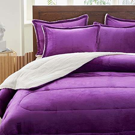Joyreap 3 Pieces Velvet Flannel Sherpa Comforter Set, Luxury Warm Microfiber Plush Bedding for Winter, 1 Comforter and 2 Pillow Shams (Purple, King, 100x88 inches)