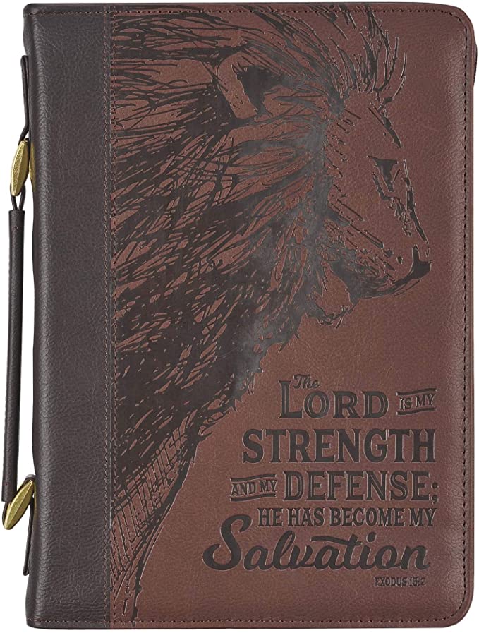 Christian Art Gifts Men's Classic Bible Cover The Lord is My Strength Lion Exodus 15:2, Brown Faux Leather, XL