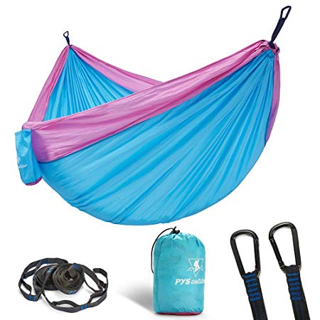 pys Double Portable Camping Hammock with Straps Outdoor -Nylon Parachute Hammock with Tree Straps Set with Max 1200 lbs Breaking Capacity, for Backpacking, Hiking, Travel (Lake Blue Pink)