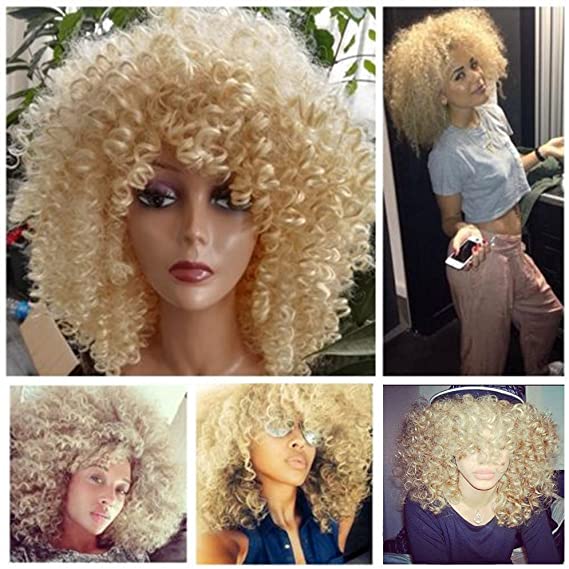 Lady Miranda Blonde Kinky Curly Wig Middle Part Afro Curly Medium Length Heat Resistant Synthetic Hair Full Wigs For Women (Blonde)