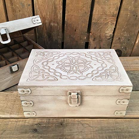 Antiqued White Celtic Design Wood Storage Box for 15ml Essential Oil Aromatherapy Bottles by Rivertree Life