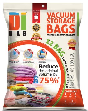 DIBAG  12 Bags Pack Set - Vacuum Storage Space Saver Bags 1 Super Jumbo 51X40 2 Jumbo 47X32 2 XL 35X28  2 Large 28X20  5 Suitcase Travel Roll-up Bags 236X157 Without Suction or Valve Improved 2016