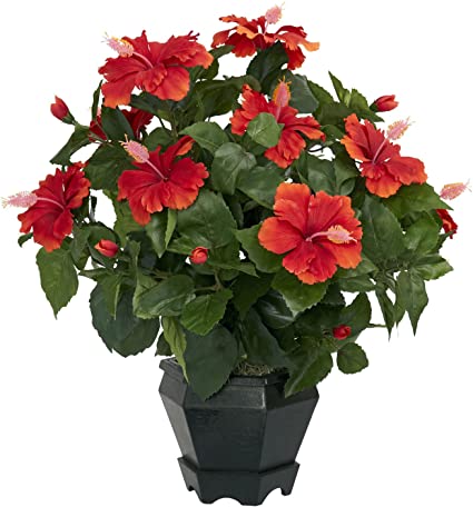 Nearly Natural 6691 Hibiscus with Black Hexagon Vase Decorative Silk Plant, Orange