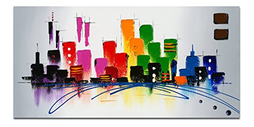 Wieco Art Cityscape Extra Large Colorful City 100% Hand Painted Modern Gallery Wrapped Abstract Landscape Oil Paintings on Canvas Wall Art Ready to Hang for Living Room Bedroom Home Decorations