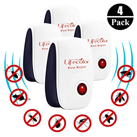 Lifecolor Indoor Pest Control Solution - Set of 4 Ultrasonic Pest Repeller for Mice, Mosquito, Roaches, Spider and All Other Insects and Rodents, 100% Safe