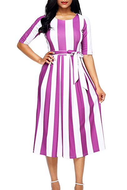 Dokotoo Womens Summer Casual Stripe Print Half Sleeve Belted Midi A Line Dresses