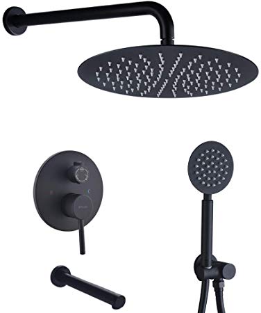 Artbath Bathtub Shower System with Tub Spout, Wall Mounted Shower Faucet Set with High Pressure 12" Rain Shower head and Handheld Shower Head Set for Bathroom, Black (Shower Mixer Valve Control)